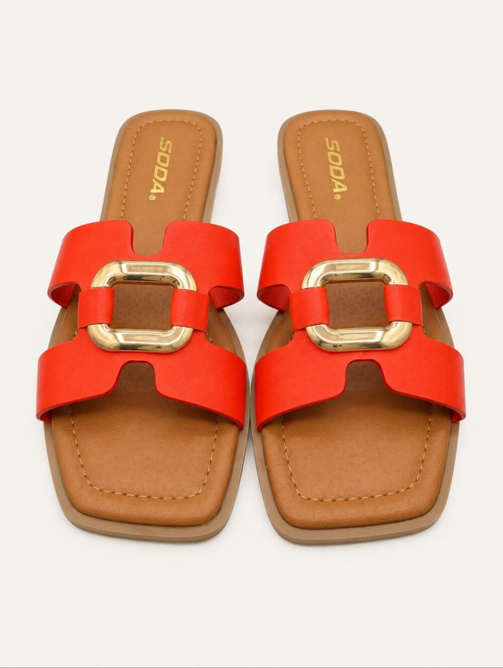 SODA FENG-S Orange Gold Buckle Square Toe Slide Sandals Size 7 NWT Resort Summer